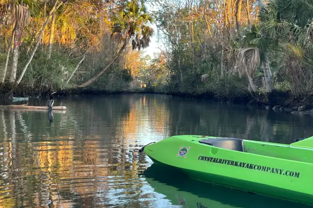 Morning view down the calm canal from the kayak dock.