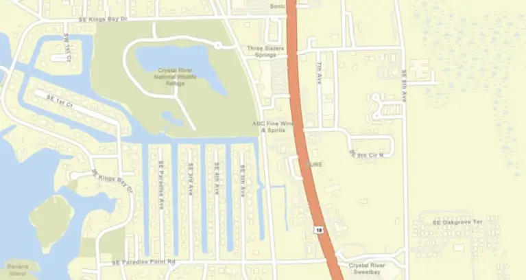 Illustrated map of the canal route from the Crystal River Kayak Company dock to Three Sisters Springs