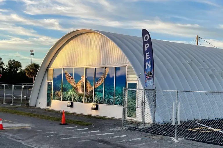 Arched Crystal River Kayak Company & Dive Center storefront with the open flag displayed.
